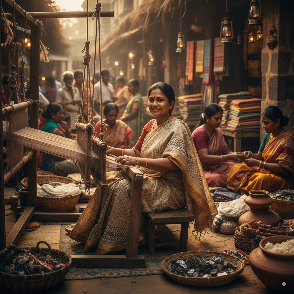 Traditional handloom-style Nano Banana Saree, earthy banana fiber textures combined with nanotech lace, model seated with artisans weaving, heritage craft market background, documentary-style photography.
